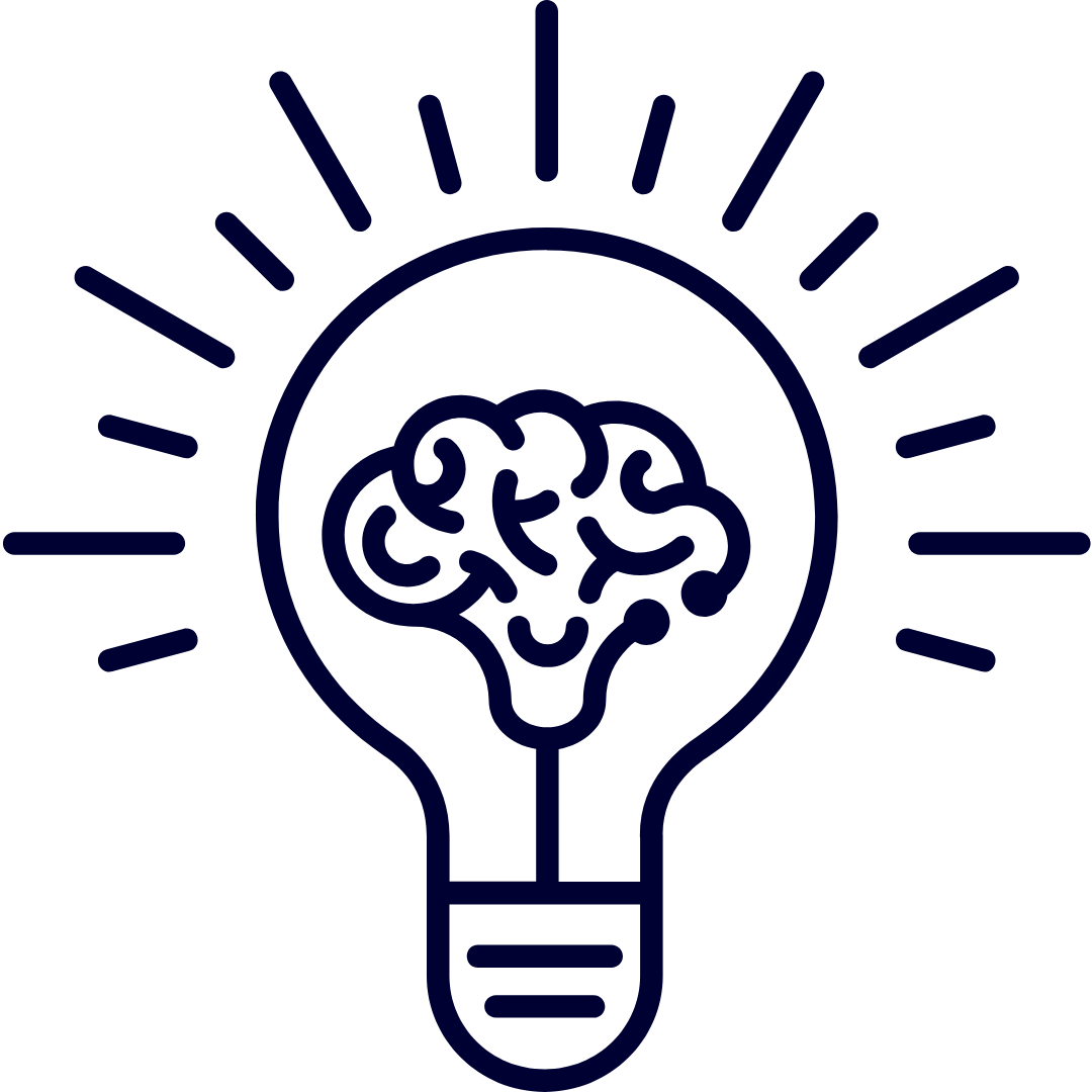 Outline of a light bulb with a brain inside and rays radiating outward, symbolizing creativity, innovation, or an idea—perfect for representing bright solutions in family law matters.