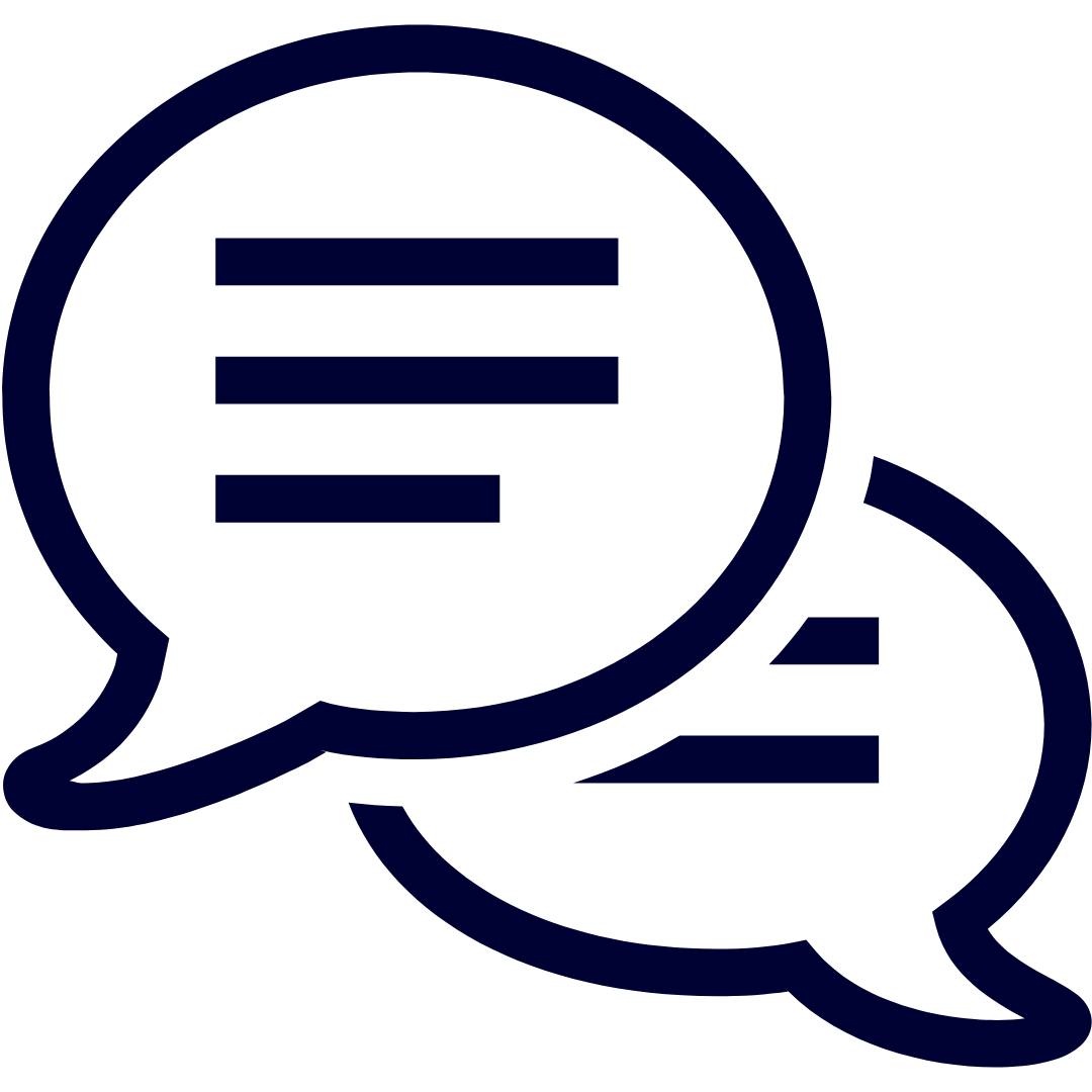 Two overlapping speech bubbles, one large and one small, with horizontal lines inside the larger bubble representing text or communication about family law.