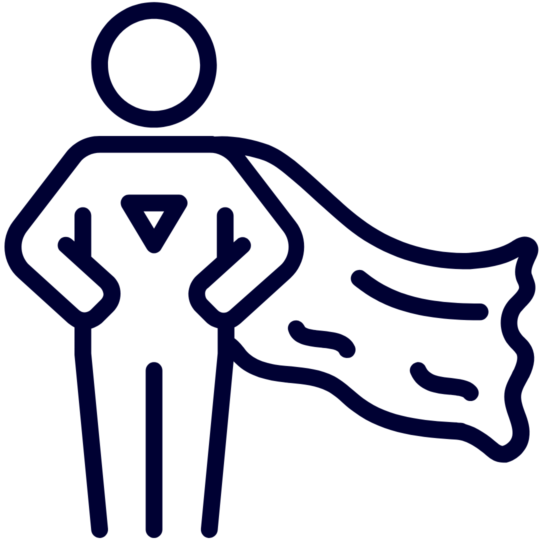 Simple line drawing of a person with a cape, standing with hands on hips, suggesting a superhero or confident family law figure.