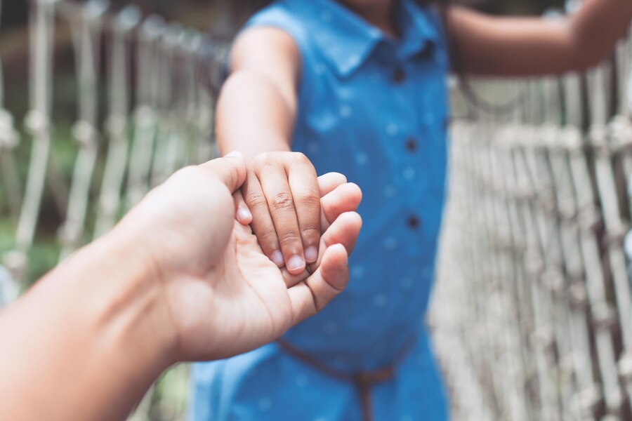 Close-up of an adult and a child holding hands while crossing a rope bridge, with the child in a blue dress—a touching moment that reflects the importance of strong custody strategies in nurturing family bonds.