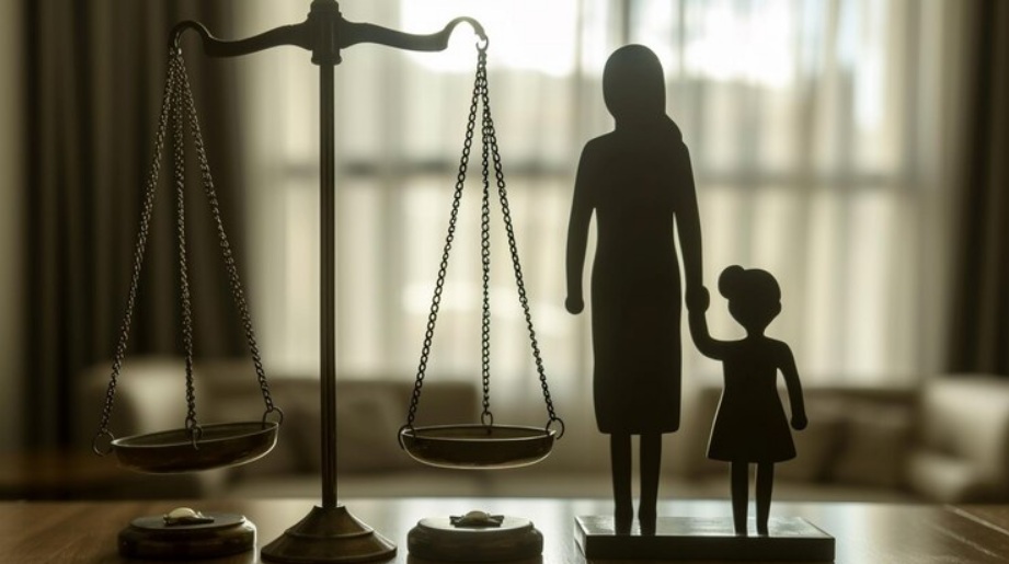 A scale of justice stands next to silhouettes of an adult woman and a child, with soft light coming through a window in the background—symbolizing the balance needed when managing visitation and ensuring fair outcomes for families.