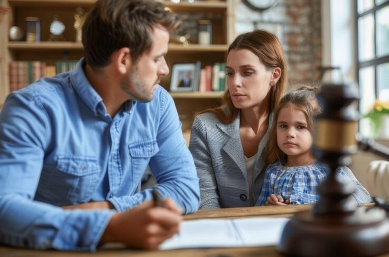 A man and woman sit at a table with a young girl, looking serious. Legal documents and a gavel are on the table, suggesting a family law case is being discussed.