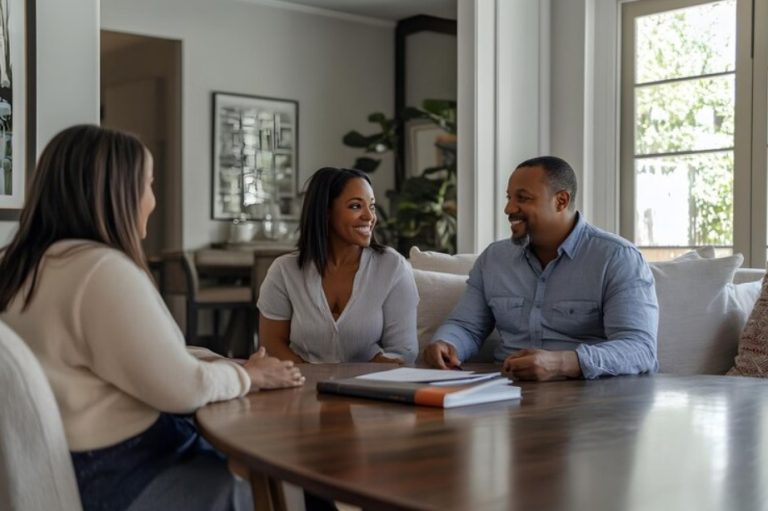 Three adults sit around a wooden table in Houston, engaged in conversation. Two face the camera, smiling, while one has their back turned. A closed binder rests on the table—a setting where affordable family law attorneys might meet clients.