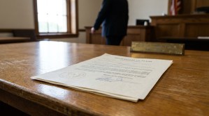 State of Texas official signed document with seal resting on courtroom desk