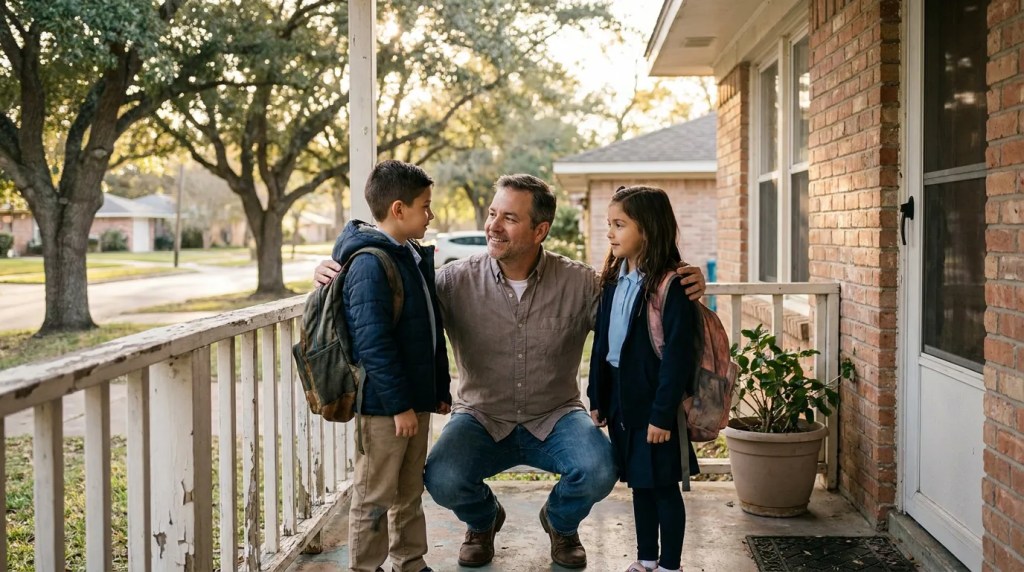 father kneeling on home porch with two school-age children wearing backpacks