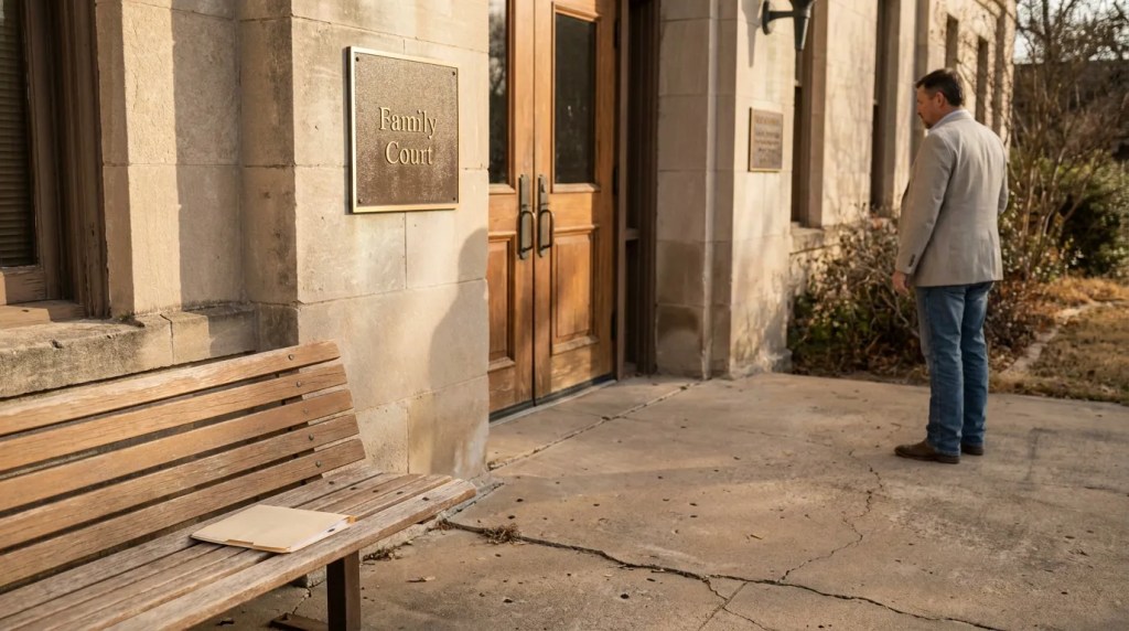 man standing outside Family Court building entrance with folder on bench
