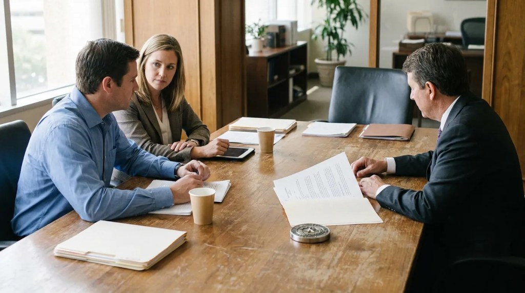 attorney reviewing legal documents with two clients across conference table