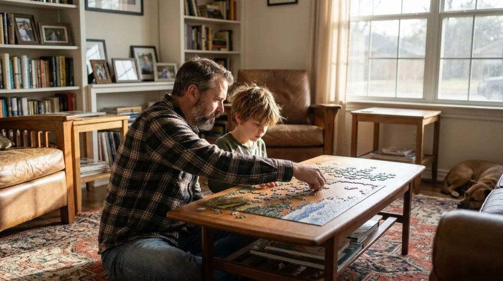 adult man and young child assembling jigsaw puzzle together on living room coffee table