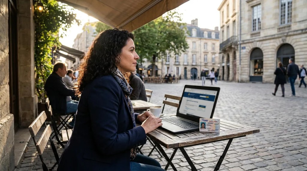 Woman at outdoor café with laptop and Texas ID card on table