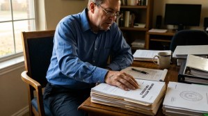 man reviewing Original Petition for Divorce documents at office desk