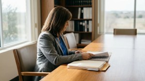 female attorney reviewing legal documents at conference table with law books behind