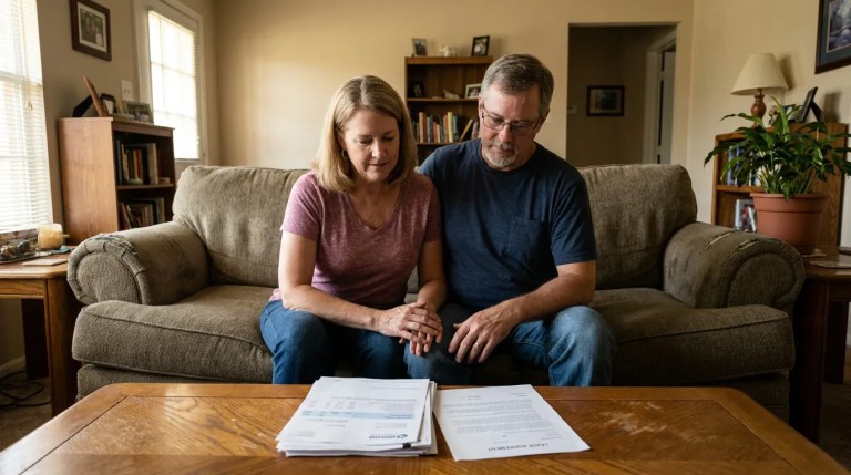 couple seated on sofa reviewing lease agreement and legal documents on coffee table