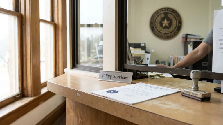 Filing Services counter with official document, rubber stamp, and Texas court seal