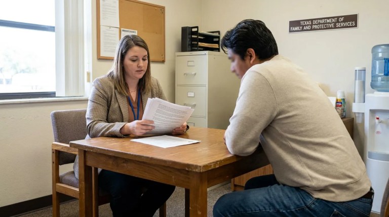 caseworker reviewing documents with client at Texas Department of Family and Protective Services office