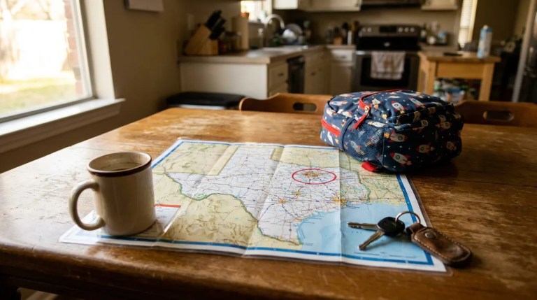 road map with circled destination, car keys, mug, and child's backpack on kitchen table