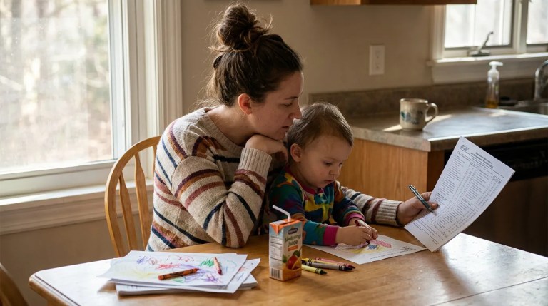 parent holding toddler at kitchen table reviewing printed document with crayons nearby