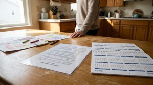legal fee document and 2023 2024 calendar on kitchen table with children's drawings