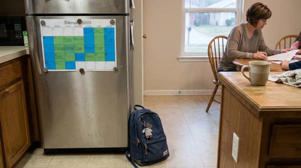 parent reviewing documents at kitchen table with February 2023 custody calendar on refrigerator
