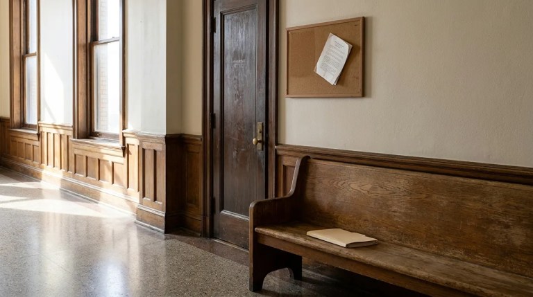 courthouse hallway with wooden bench, open book, and cork bulletin board