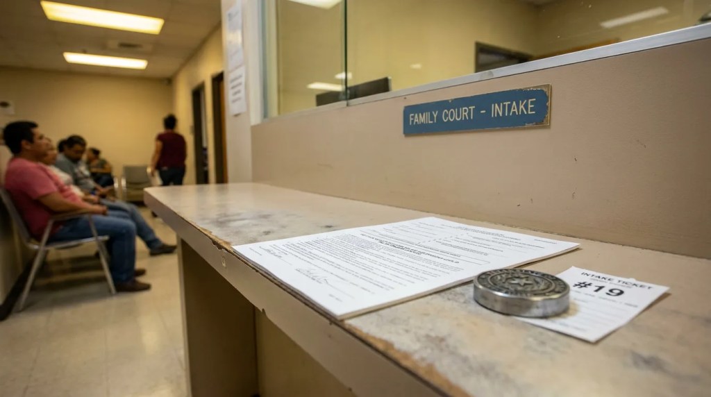 Family Court Intake counter with legal form, intake ticket number 19, and waiting clients