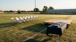 rows of folding chairs and draped table with stacked binders on athletic field