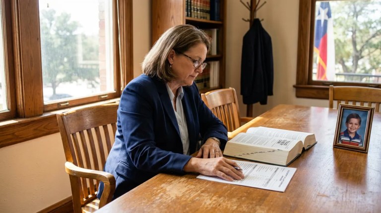 female attorney reviewing open legal book and documents at wooden office table