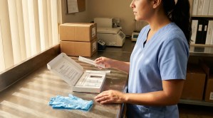 medical professional in scrubs reviewing open diagnostic test kit with specimen vials