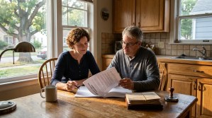 couple reviewing legal documents and papers together at kitchen table