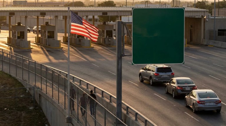 US border crossing checkpoint with American flag, vehicles, and inspection booths