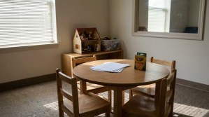 child-sized wooden table with Crayola crayons, paper, and dollhouse in background