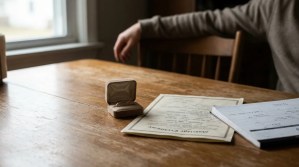 wedding ring box and marriage certificate document on wooden table