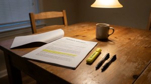 Premarital Agreement document with highlighted text, pens, and mug on wooden table